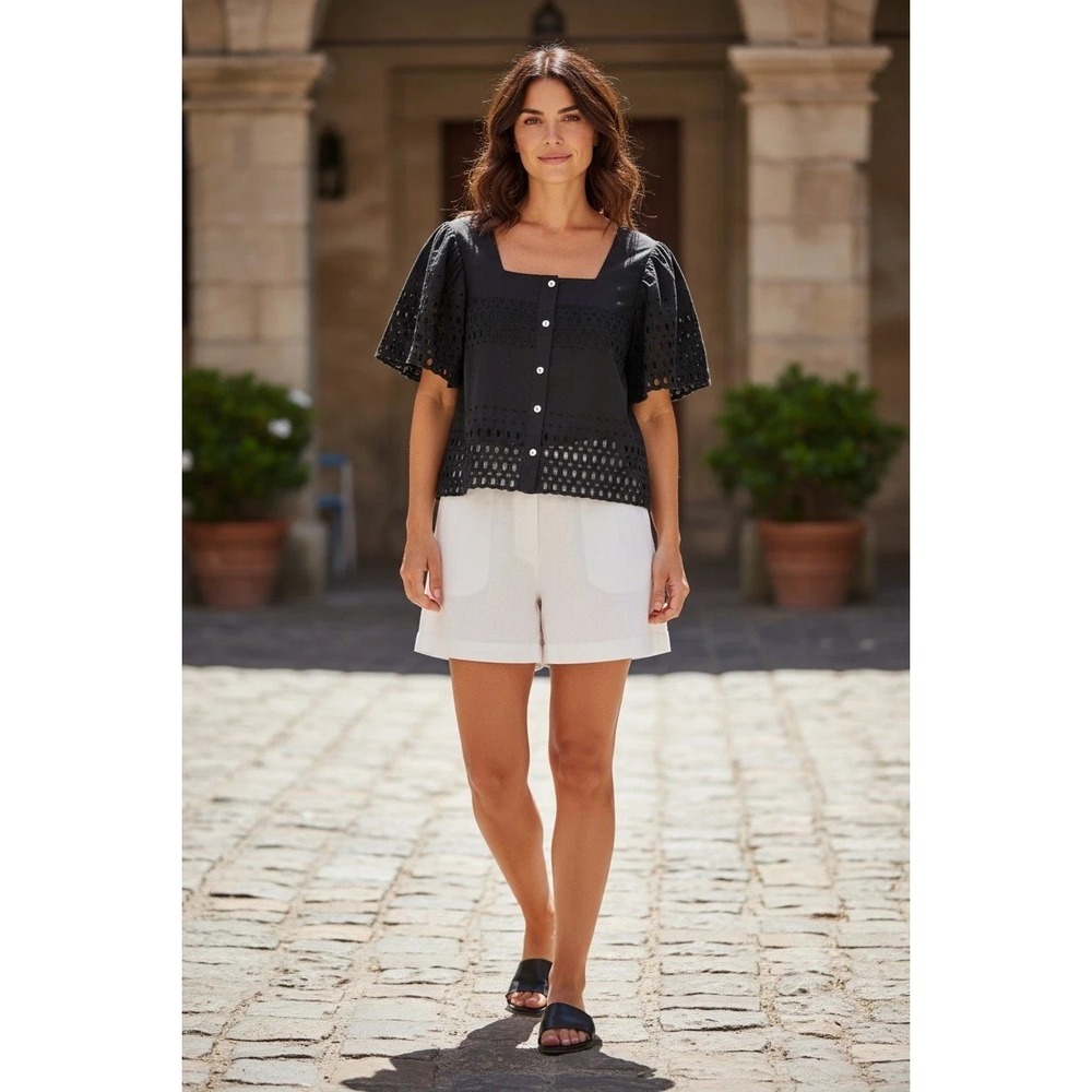 Calypso St. Barth Black Eyelet Lace Puff Sleeve Blouse- Size M - Summer Cotton